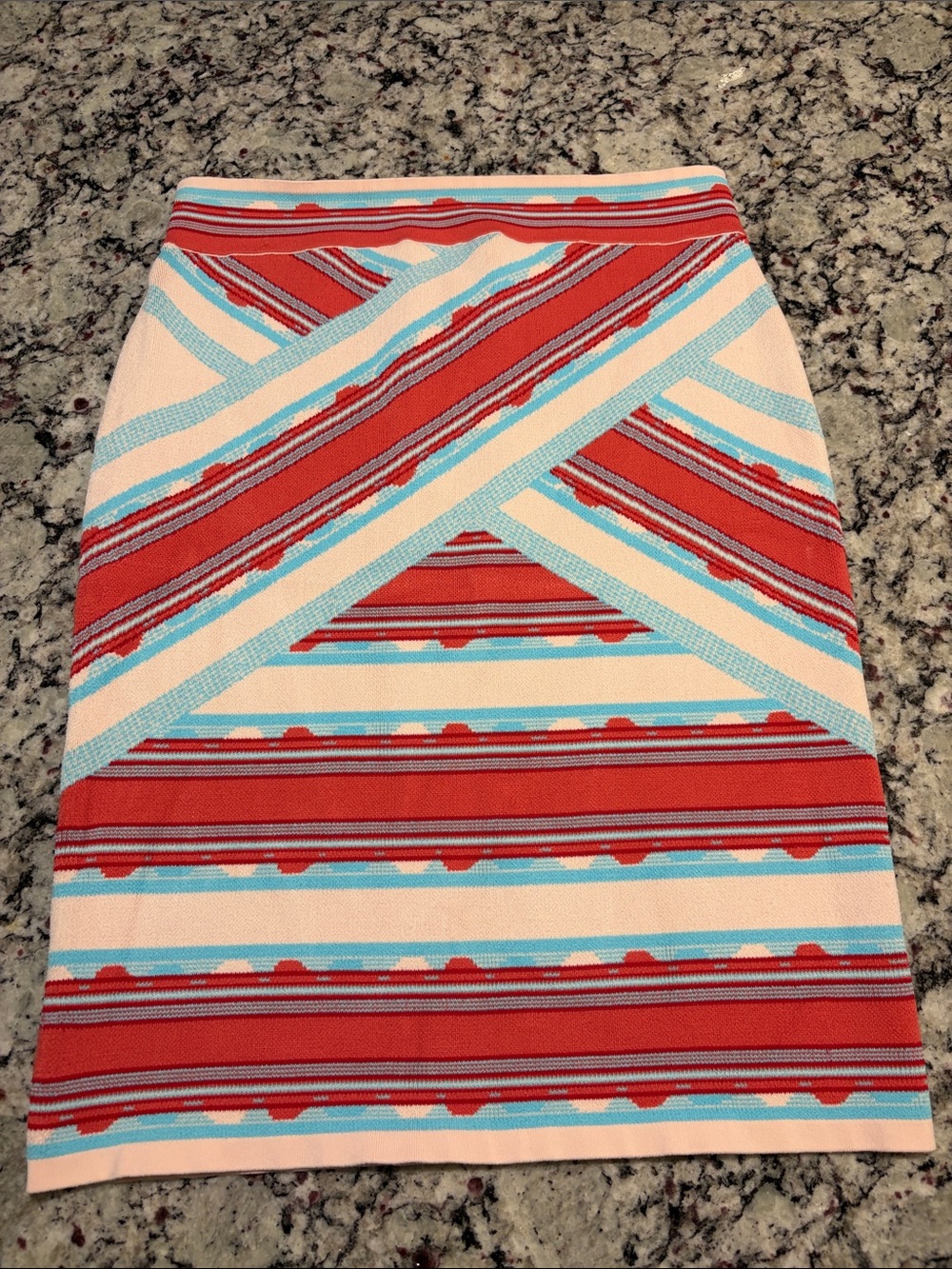 BCBGMaxAzria Red, Cream and Light Blue Striped Pencil Skirt